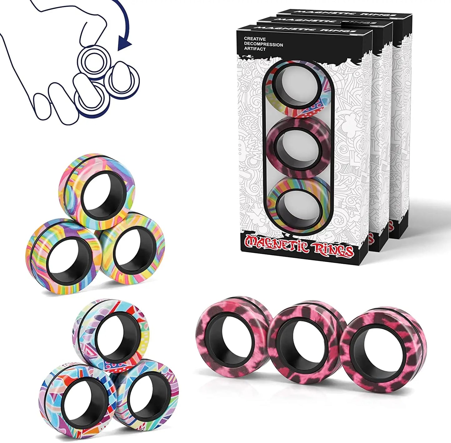 3pcs Finger Magnetic Rings Colorful Fidget Toy Set Adult Magnets Spinner Rings for Relieve Stress Anxiety Relief Therapy